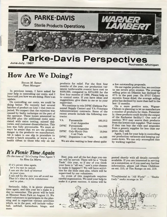 Newsletter - Parke-Davis Perspectives, June-July, 1987