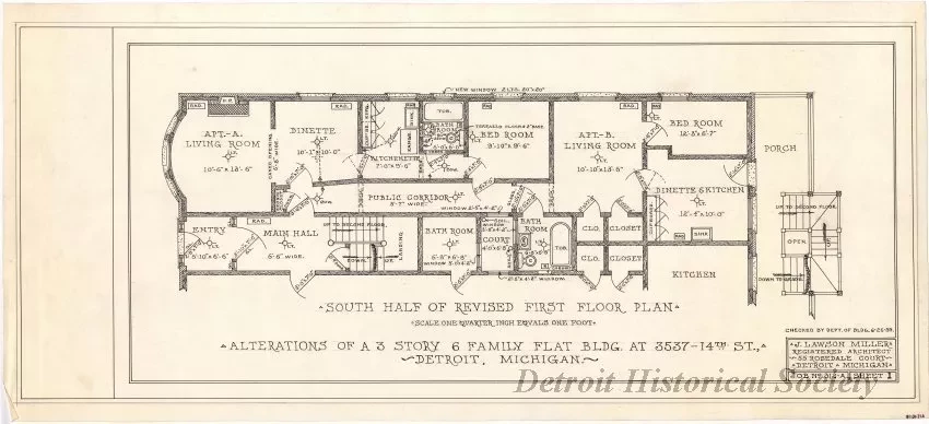 Drawing, Architectural - Alterations of a 3 Story, 6 Family Flat Bldg. at 3537 14th St., 
Detroit, Michigan
