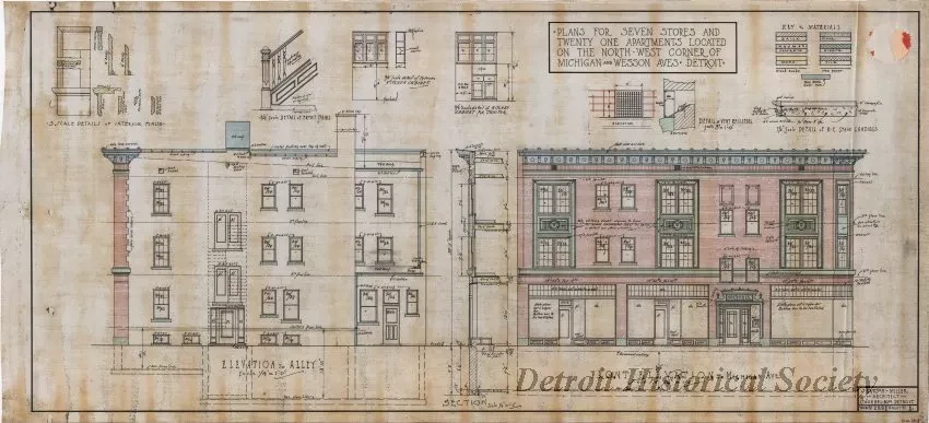 Drawing, Architectural - Plans for Seven Stores and Twenty-One Apartments Located on the North-West Corner of Michigan and Wesson Aves., Detroit, Michigan