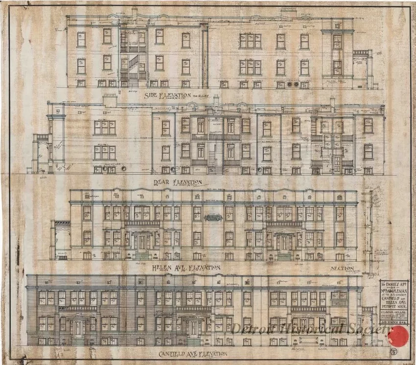 Drawing, Architectural - 16 Family Apt. for Mr. E. M. Coleman 
at the S.E. Corner of Canfield and Helen Aves., Detroit, Mich.