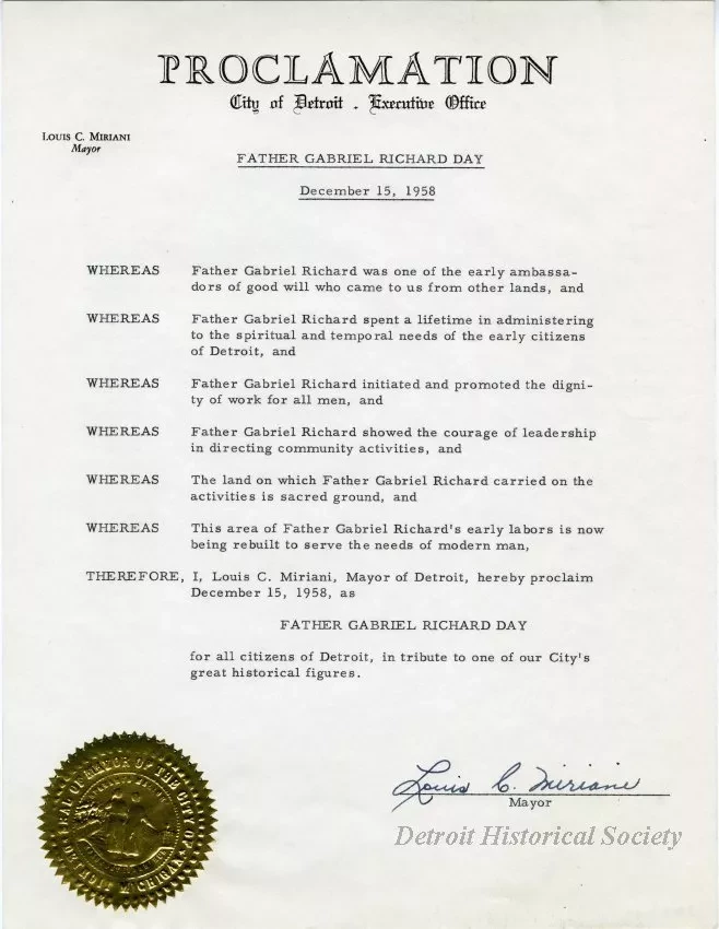 Proclamation - Father Gabriel Richard Day