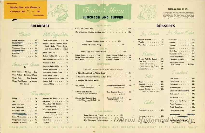 Menu - The Sanders Menu, Vol. 2, No. 14