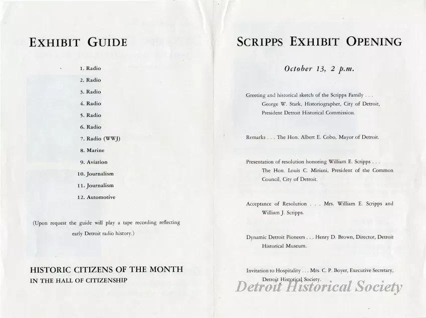 Program - An Exhibit on Dynamic Detroit Pioneers James E. and William E. Scripps and Their Associates