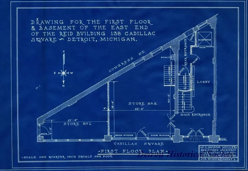 Blueprint - Drawing for the First Floor & Basement of the East End of the Reid Building, 138 Cadillac Square, Detroit, Michigan