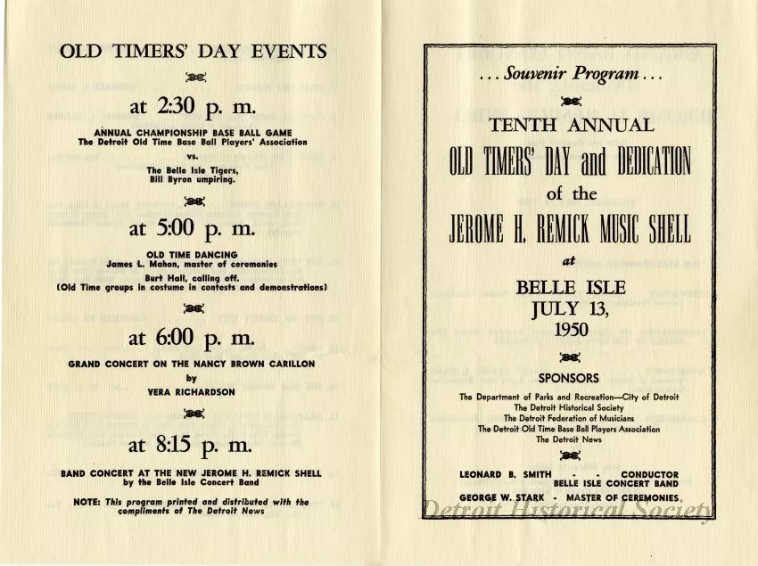 Program, Concert - Tenth Annual Old Timers' Day and Dedication of the Jerome H. Remick Music Shell, at Belle Isle July 13, 1950