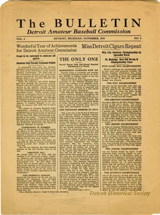 Newsletter - The Bulletin, Detroit Amateur Baseball Commission, Vol. 2, No. 1
November, 1918