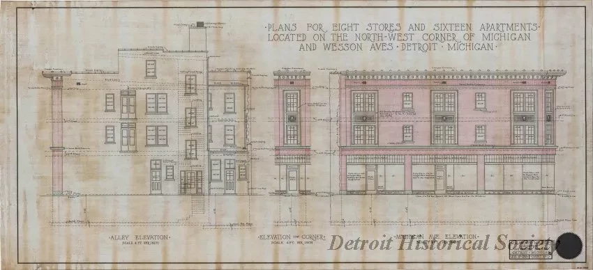 Drawing, Architectural - Plans for Eight Stores and Sixteen Apartments Located on the 
North-West Corner of Michigan and Wesson Aves., Detroit, Michigan