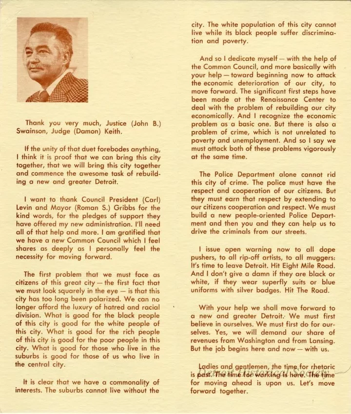 Pamphlet - Mayor Coleman A. Young Inaugural Address, January 2, 1974