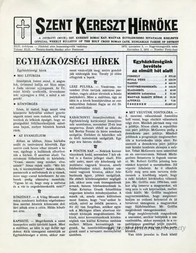 Newsletter - Szent Kereszt Hirnoke - Holy Cross Messenger, Vol. XLII, No. 44