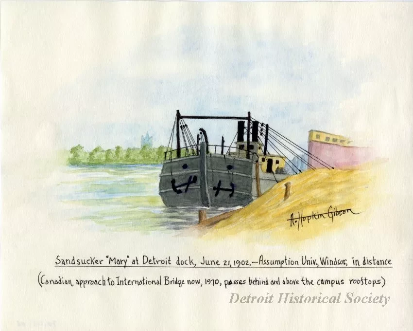Painting - Sandsucker "Mary" at Detroit dock, June 21, 1902,-Assumption Univ. WIndsor in distance (Canadian approach to International Bridge now, 1970, passes behind and above the campus rooftops)