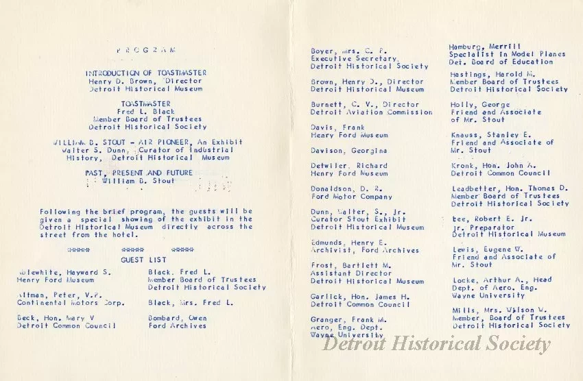 Program - Air Pioneer, William B. Stout
