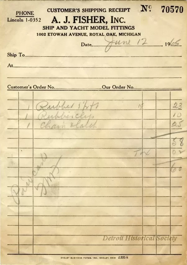 Receipt - A. J. Fisher, Inc.
Ship and Yacht Model Fittings