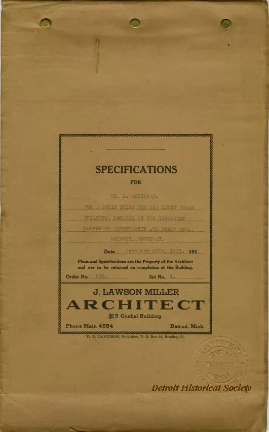 Specification - Specifications for Mr. L. Moynihan for a Solid Brick One Story Store Building Located on the Northwest Corner of Seventeenth and Perry Streets, Detroit, Michigan.