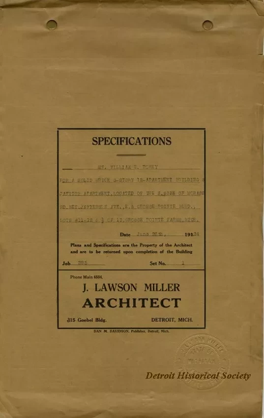 Specification - Specifications - Mr. William E. Roney for a Solid Brick 3-Story, 12-Apartment Building & Janitor Apartment, Located on the North Side of Morass [Moross] Road Bet. Jefferson Ave. & Grosse Pointe Blvd., Lots #11-12 & ½ of 13, Grosse Pointe F