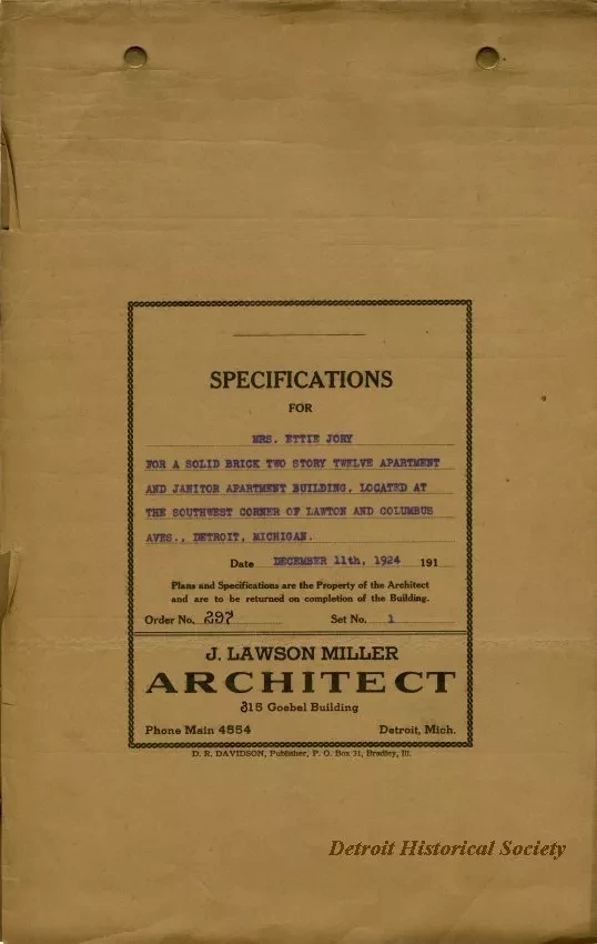 Specification - Specifications for Mrs. Ettie Jory for a Solid Brick Two Story Twelve Apartment and Janitor Apartment Building, Located at the Southwest Corner of Lawton and Columbus Aves., Detroit, Michigan.