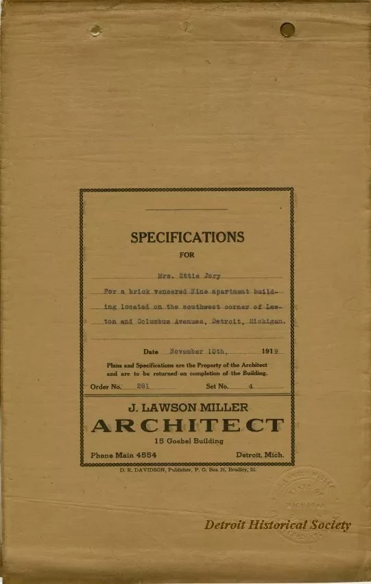 Specification - Specifications for Mrs. Ettie Jory for a Brick Veneered Nine Apartment  Building Located on the Southwest Corner of Lawton and Columbus Avenues, Detroit, Michigan.