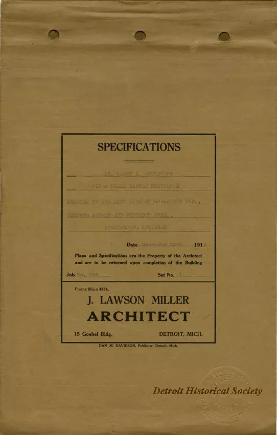 Specification - Specifications - Mr. Harry A. Armstrong for a Frame Single Residence Located on the West Side of Greenwood Ave., Between Harmon and Vinewood Aves., Birmingham, Michigan.