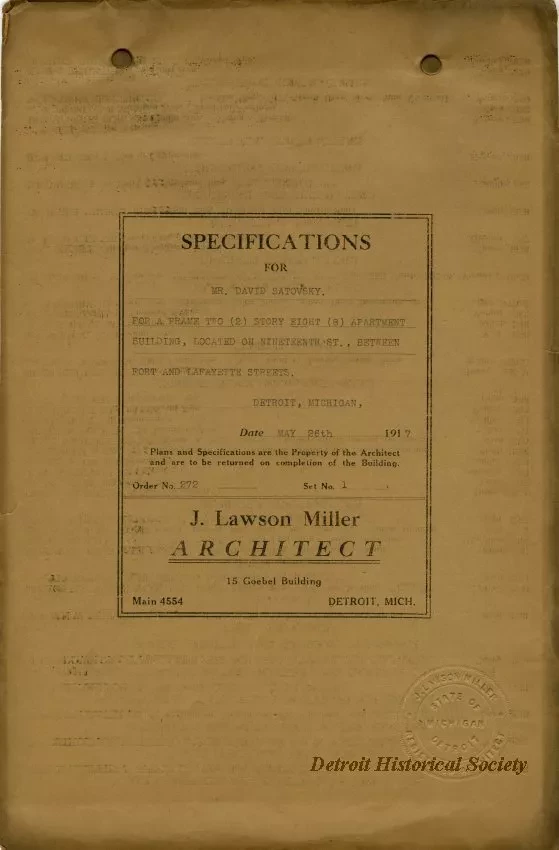 Specification - Specifications for Mr. David Satovsky for a Frame Two Story Eight Apartment Building Located on Nineteenth Street, Between Fort and Lafayette Streets, Detroit, Michigan.