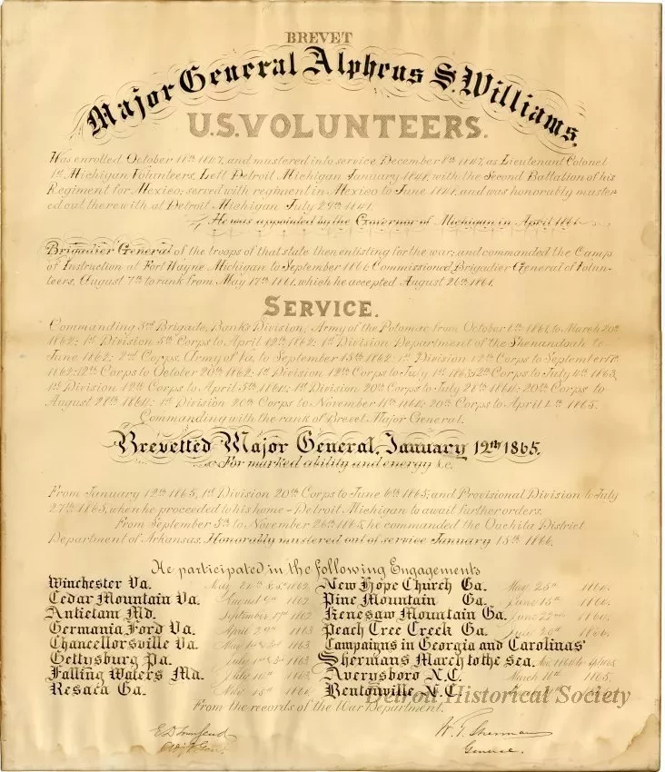 Certificate - Brevet Major General Alpheus S. Williams