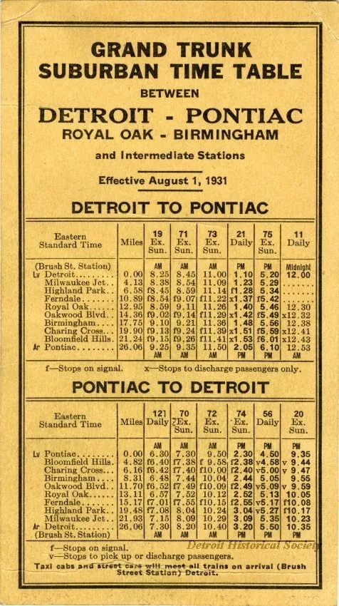 Schedule - Grand Trunk Railway System Suburban Time Table and Commutation Fares Between Detroit and Pontiac