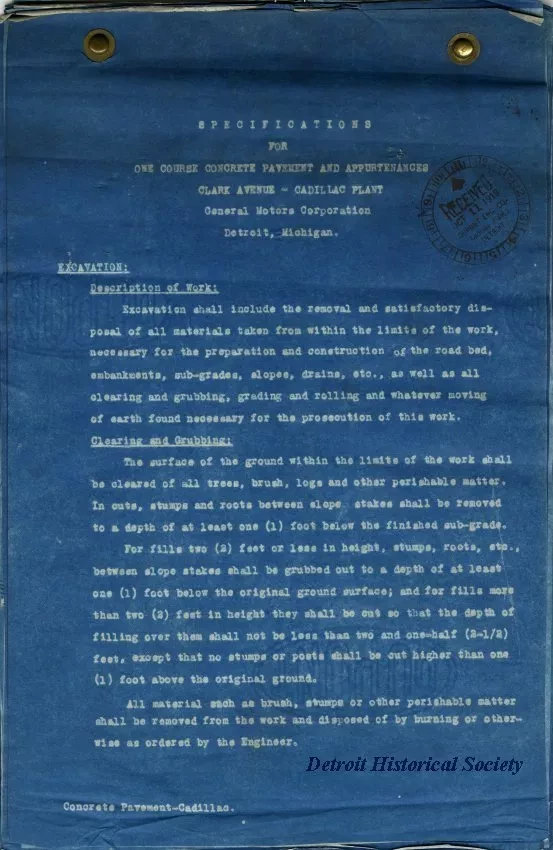 Specification - Specifications for One Course Concrete Pavement and Appurtenances, Clark Avenue - Cadillac Plant, General Motors Corporation, Detroit, Michigan.