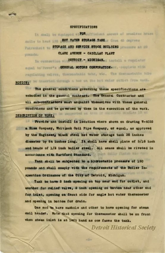 Specification - Specifications for Hot Water Storage Tank, Storage and Service Stock Building, Clark Avenue - Cadillac Plant, Detroit, Michigan, General Motors Corporation.