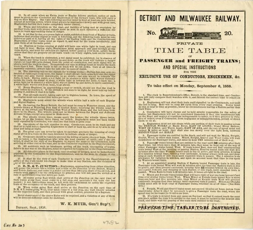 Schedule - Detroit and Milwaukee Railway, No. 20, Private Time Table of Passenger and Freight Trains; And Special Instructions for the Exclusive Use of Conductors, Enginemen, &c. to take effect on Monday, September 6, 1858.