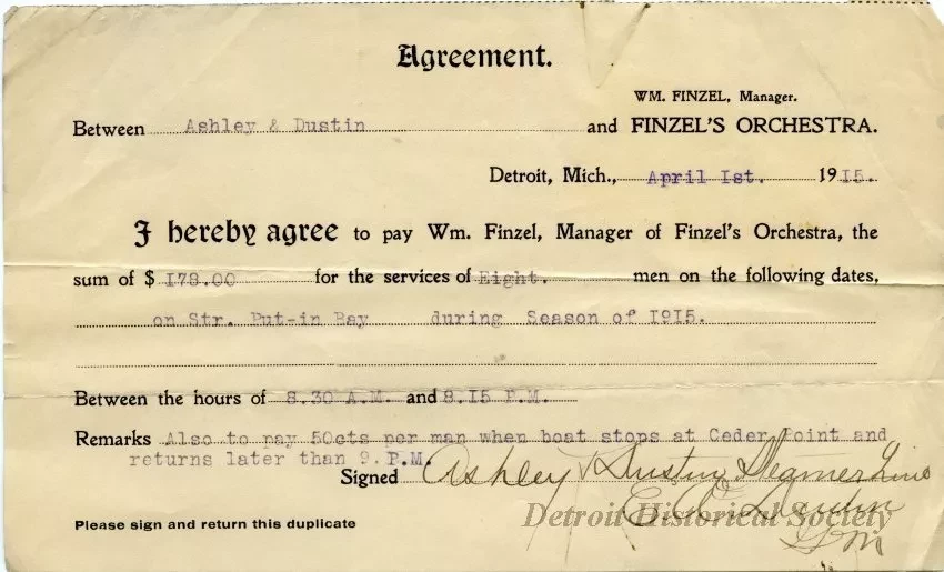 Contract - Agreement Between Ashley & Dustin and Finzel's Orchestra
