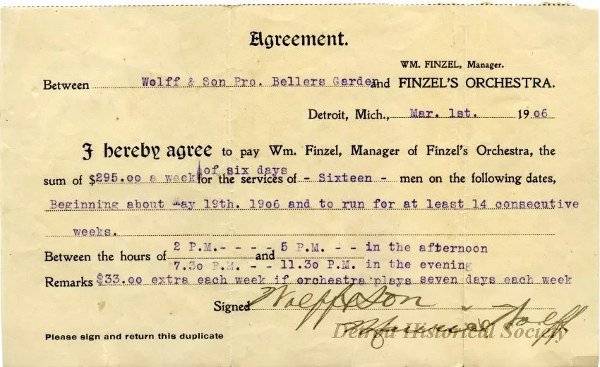Contract - Agreement Between Wolff & Son Pro. Bellers Garden and Finzel's Orchestra