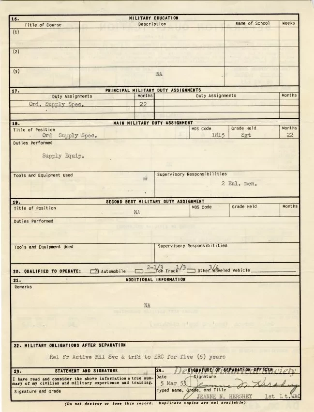 Form - Army of the United States Separation Qualification Record
