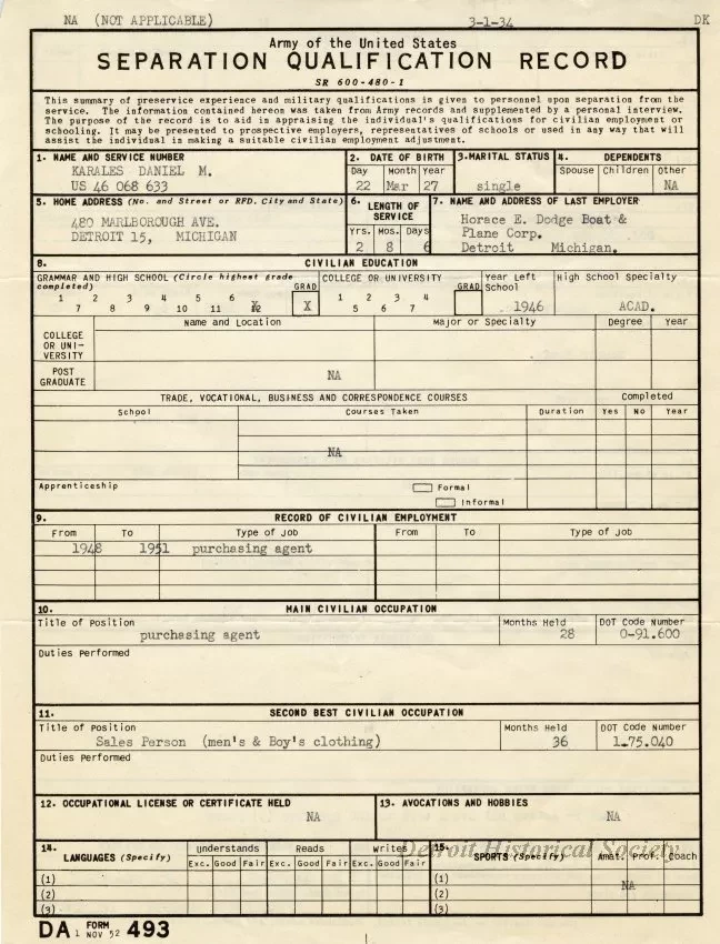 Form - Army of the United States Separation Qualification Record