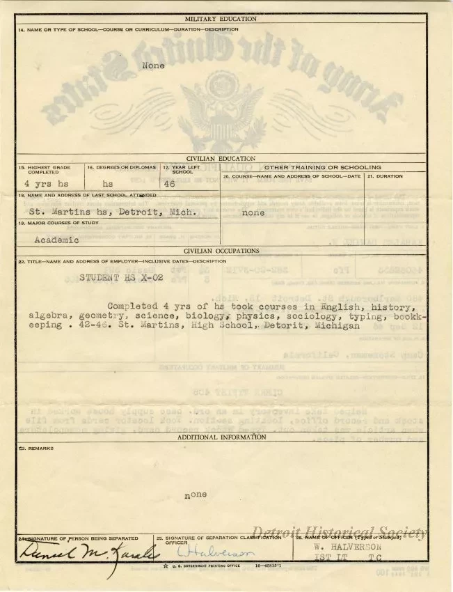 Form - Army of the United States Separation Qualification Record