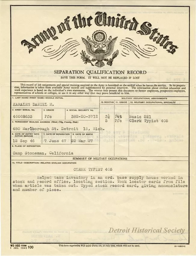 Form - Army of the United States Separation Qualification Record