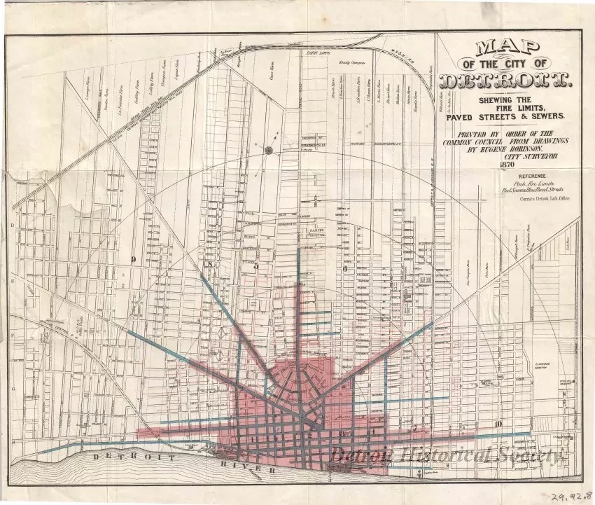 Map - Map of the City of Detroit Shewing the Fire Limits, Paved Streets & Sewers