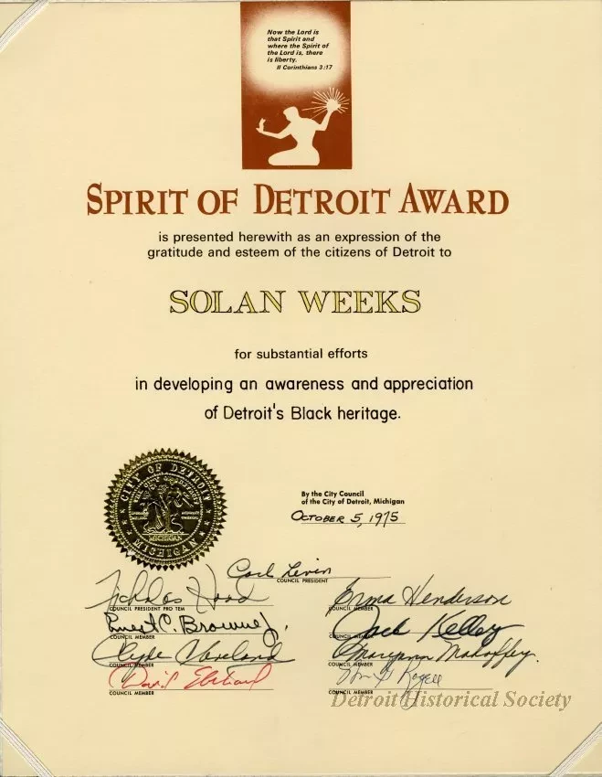 Certificate - Spirit of Detroit Award