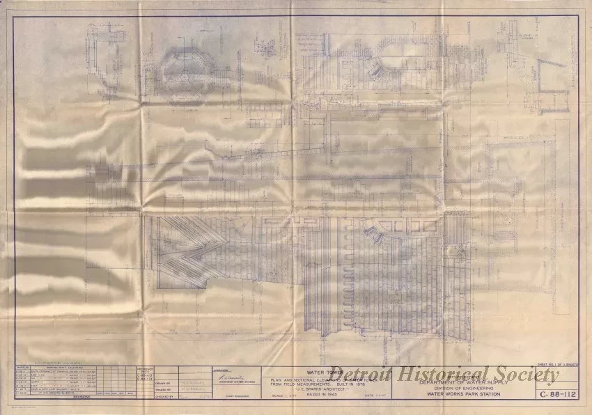 Blueprint - Water Tower - Plan and Sectional Elevations of Water Tower from Field Measurements.  Built in 1876.  J. E. Sparks, Architect.  Razed in 1945.