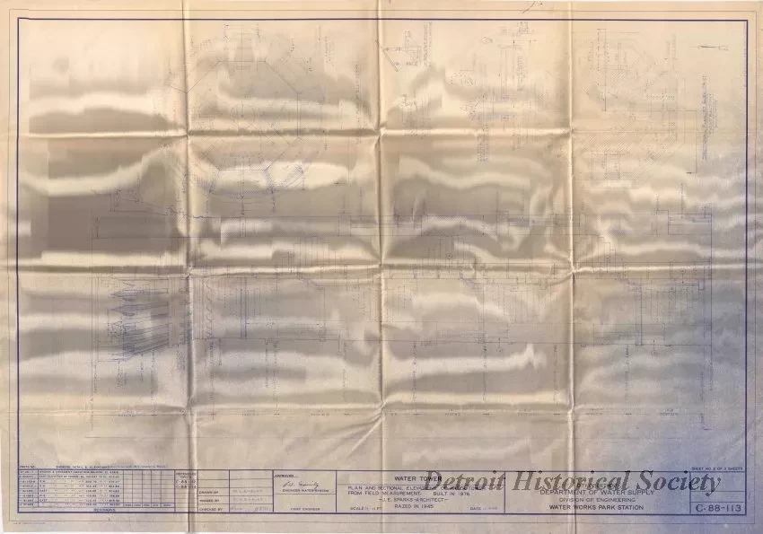 Blueprint - Water Tower - Plan and Sectional Elevations of Water Tower from Field Measurements.  Built in 1876.  J. E. Sparks, Architect.  Razed in 1945.