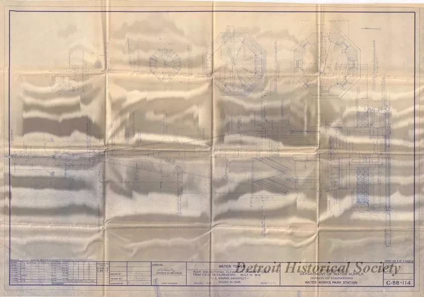 Blueprint - Water Tower - Plan and Sectional Elevations of Water Tower from Field Measurements.  Built in 1876.  J. E. Sparks, Architect.  Razed in 1945.