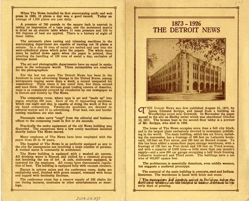Pamphlet - 1873-1926, The Detroit News