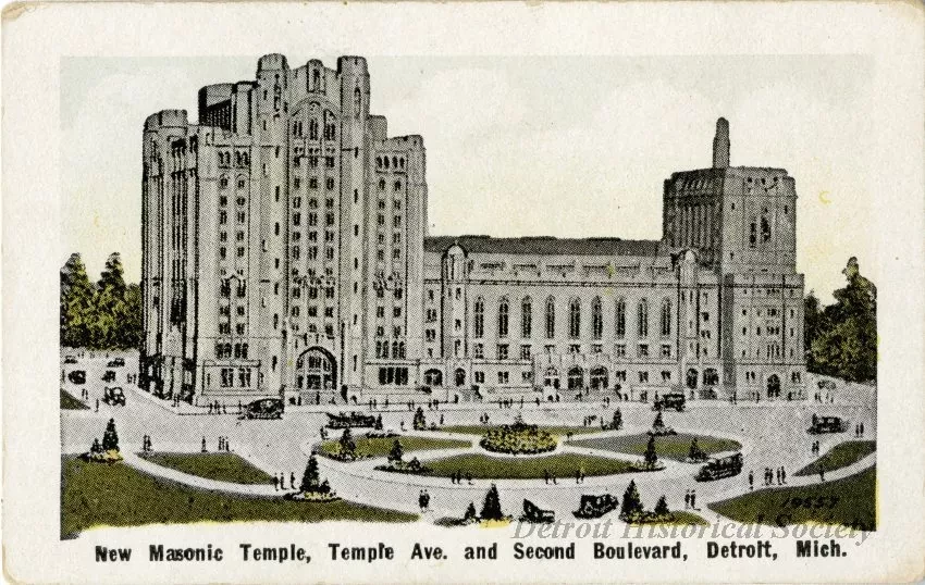 Card, Souvenir - New Masonic Temple, Temple Ave. and Second Boulevard, Detroit, Mich.