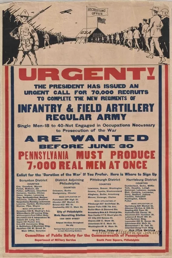 Poster - Urgent!  The President Has Issued an Urgent Call for 70,000 Recruits to Complete the New Regiments of Infantry & Field Artillery, Regular Army