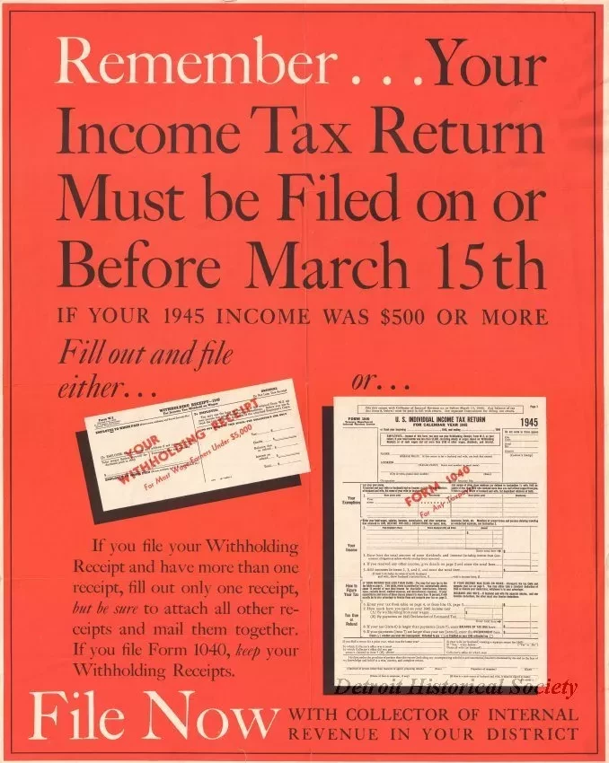 Poster - Remember...Your Income Tax Return Must be Filed on or Before March 15th If Your Income Was $500 or More