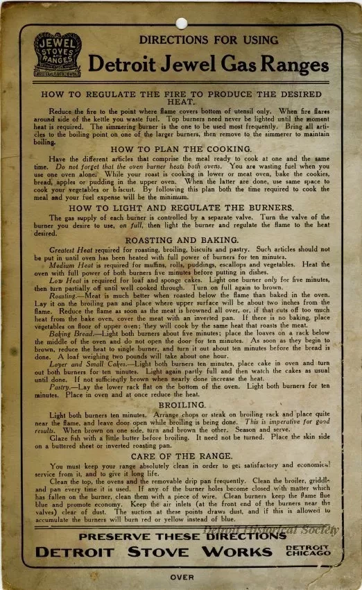 Pamphlet, Instruction - Directions For Using Detroit Jewel Gas Ranges