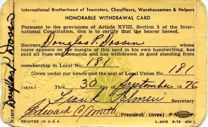 Card, Union - International Brotherhood of Teamsters, Chauffeurs, Warehousemen & Helpers - Honorable Withdrawal Card