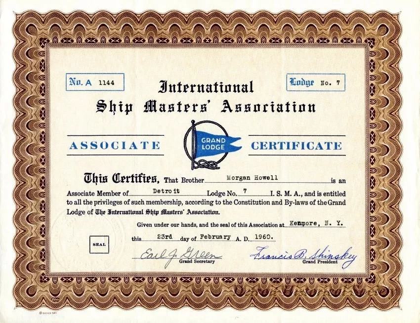 Certificate, Membership - International Ship Masters' Association,
Grand Lodge Associate Certificate