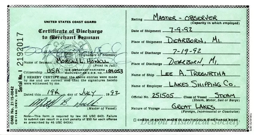 Certificate - Certificate of Discharge to Merchant Seaman