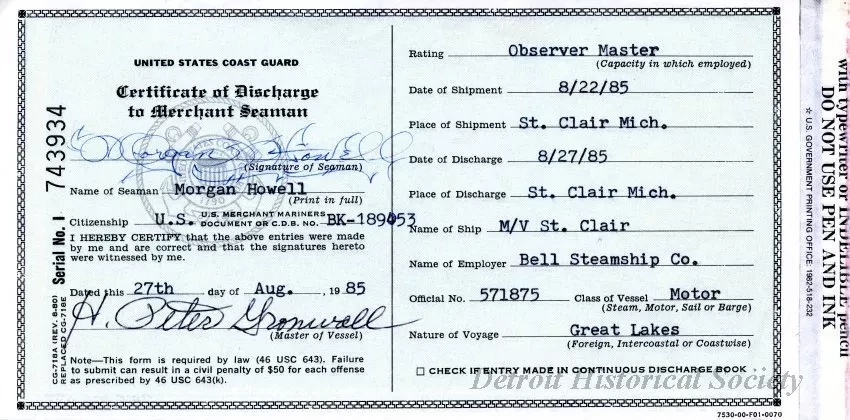 Certificate - Certificate of Discharge to Merchant Seaman