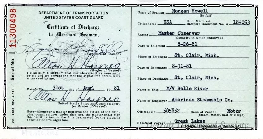 Certificate - Certificate of Discharge to Merchant Seaman