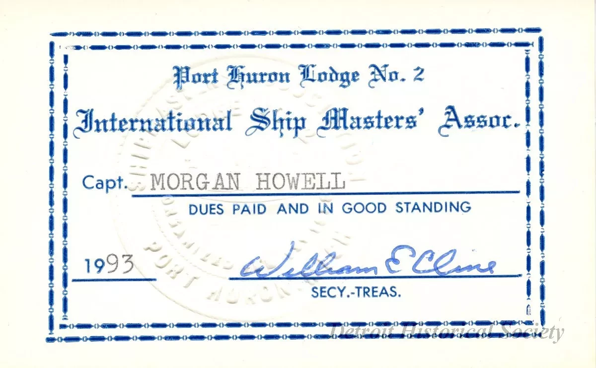 Card, Membership - Port Huron Lodge No. 2, 
International Ship Masters' Association