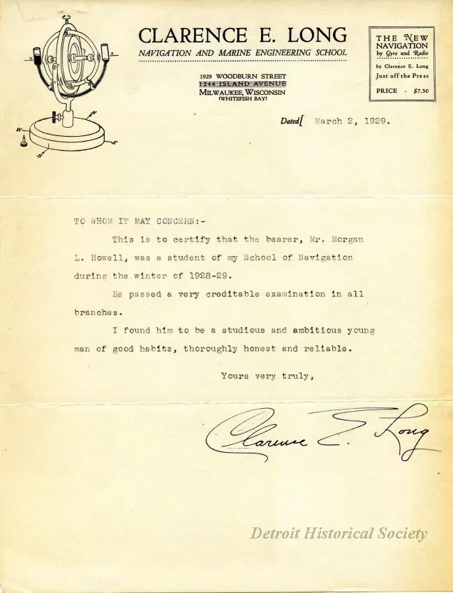 Letter - Clarence E. Long Navigation and Marine Engineering School